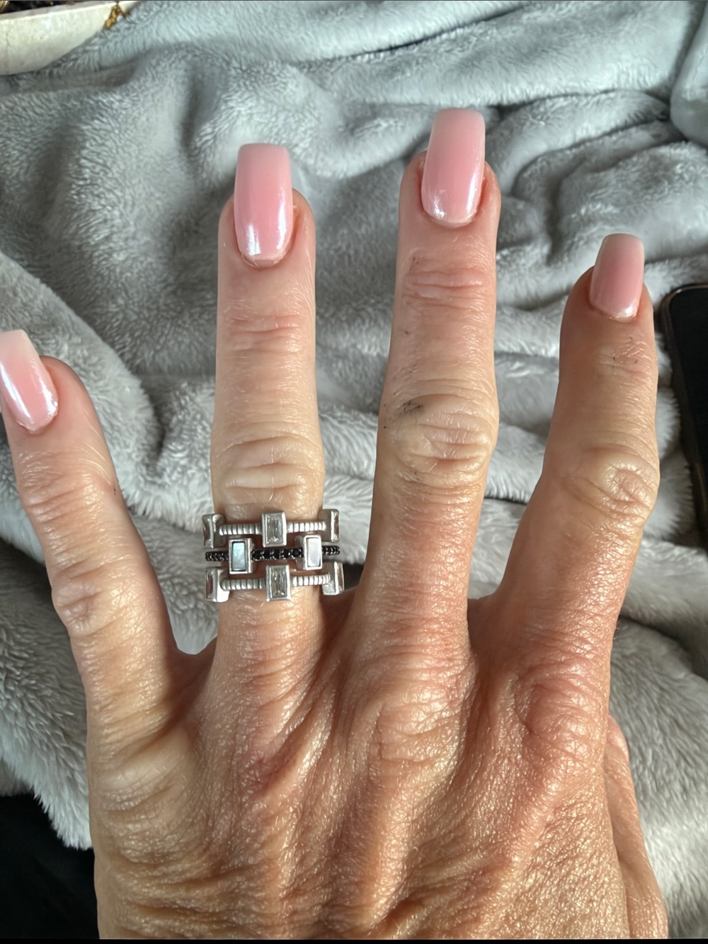Modern Geometric Silver-Tone Pink Accent Statement Ring